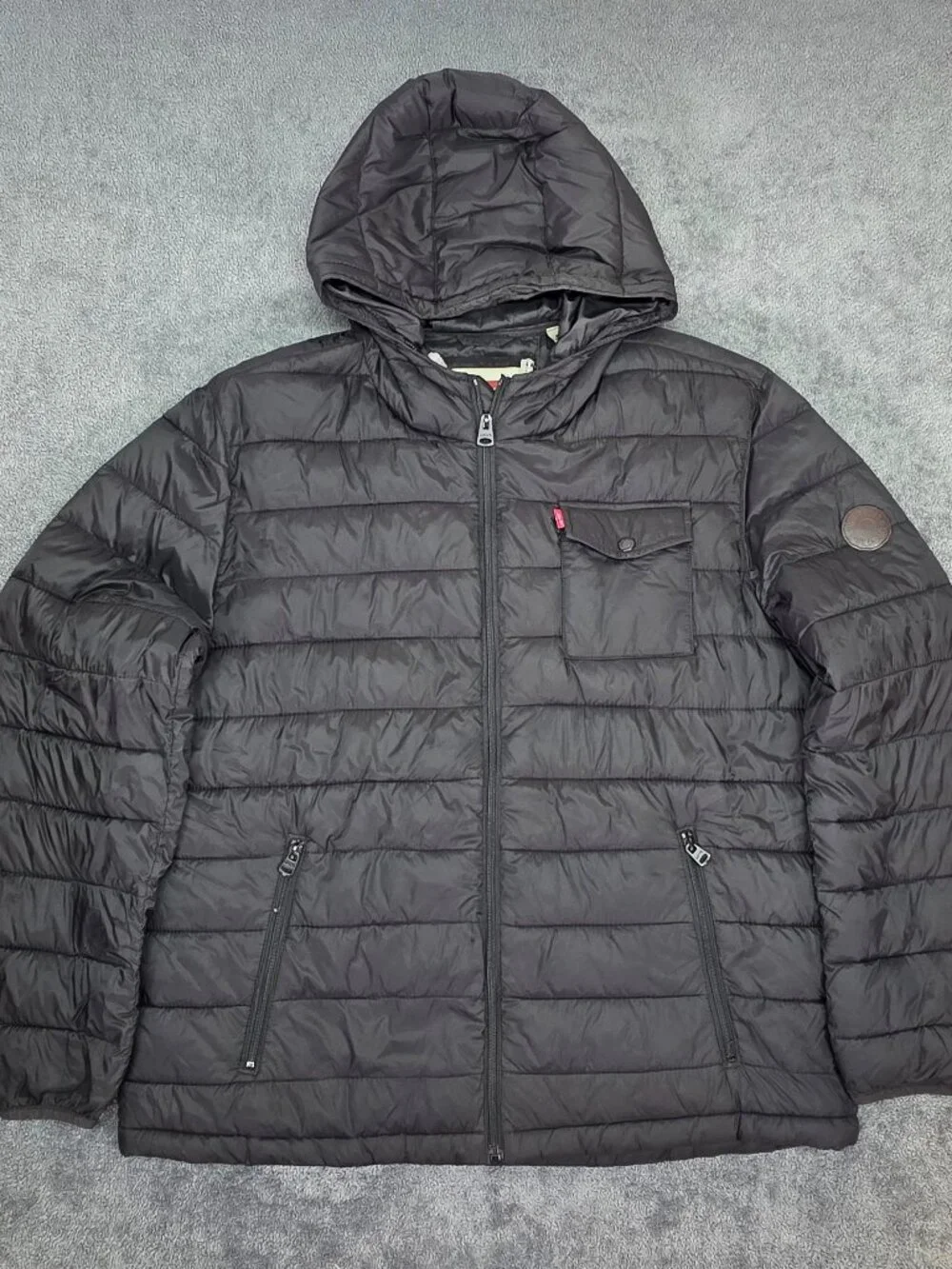 Levi’s Puffer Jacket Mens XL Black Hooded Quilted Full Zip Coat